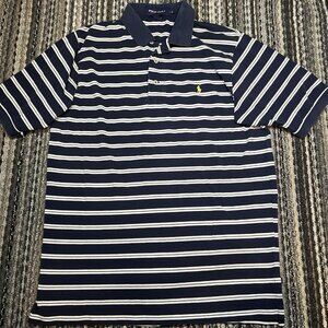 Polo Golf Ralph Lauren Mens L Navy White Striped Polo Shirt Cotton Yellow Pony